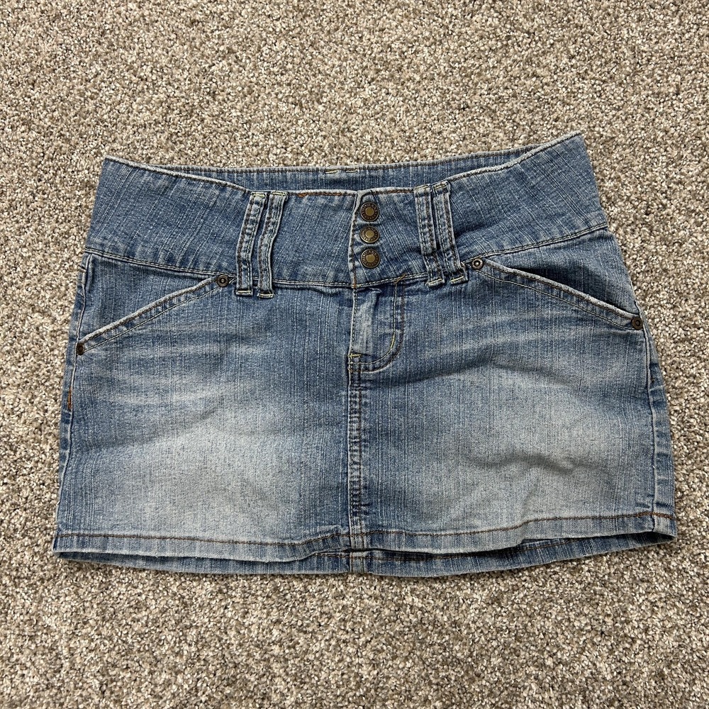 Vintage YMI Skirt Womens 3 Blue Denim Mini Short Stretch Casual Button Front